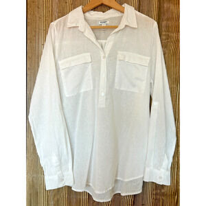 Old Navy White Linen Blend Popover Shirt Size L Long Sleeve Utility Roll Tab